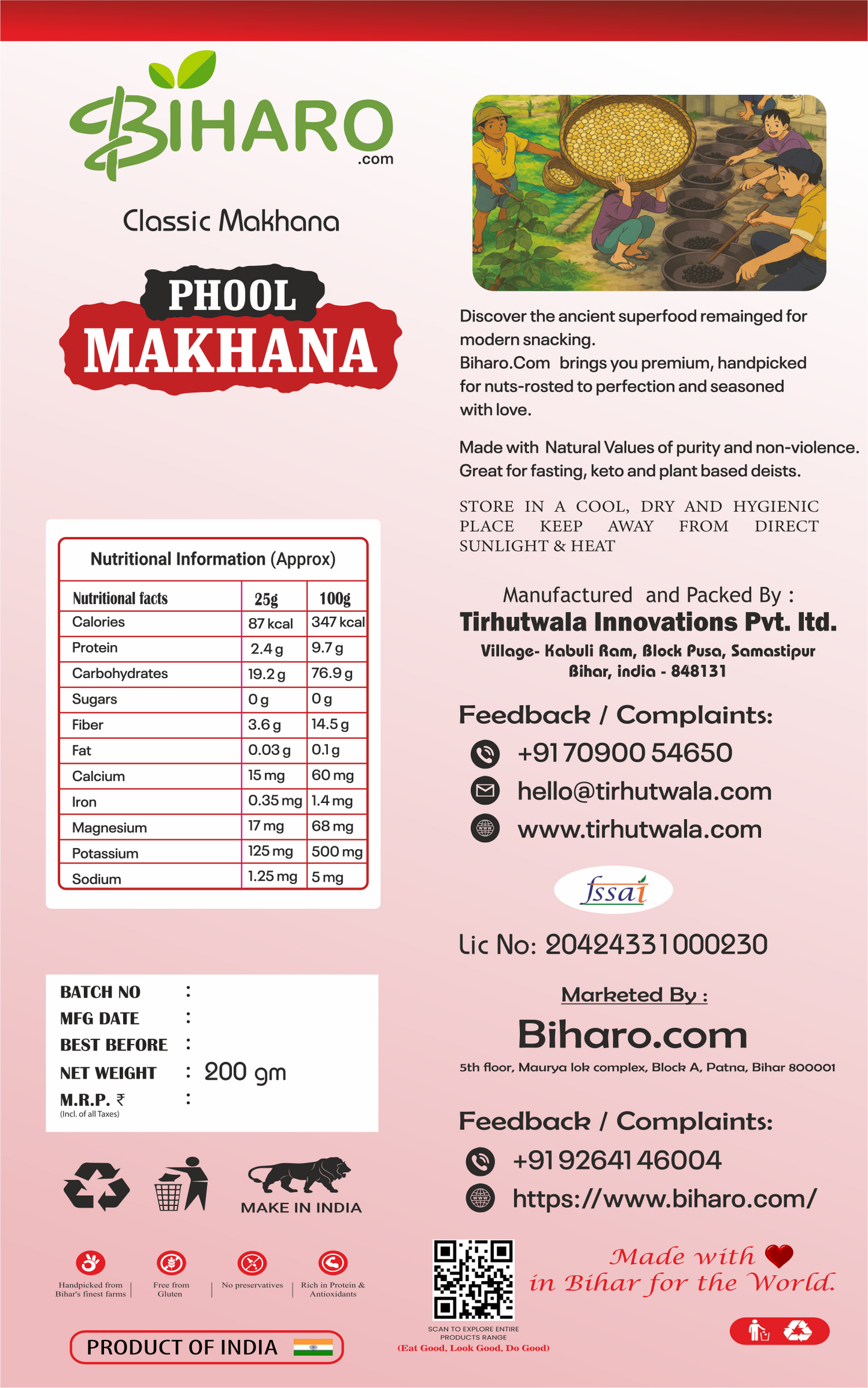 Back label of 5 Suta Phool Makhana 200g pack showing nutritional information, ingredients, storage instructions, FSSAI details, and manufacturer info