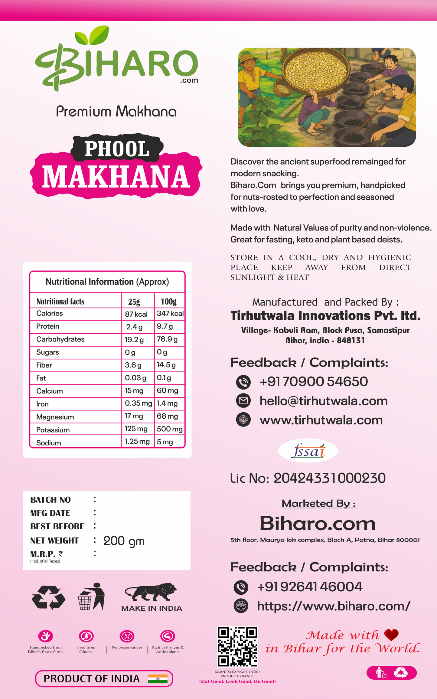 Front label of 6 Suta Phool Makhana pack – premium fox nuts from Bihar, best makhana price, healthy snack, buy phool makhana online, crunchy and protein-rich