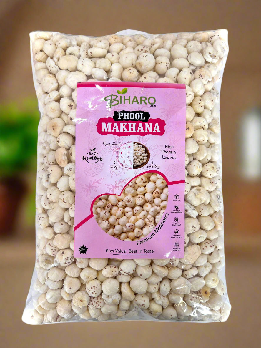 Packaged Makhana (foxnuts) with a pink label on a white background with 6 suta Phool Makhana