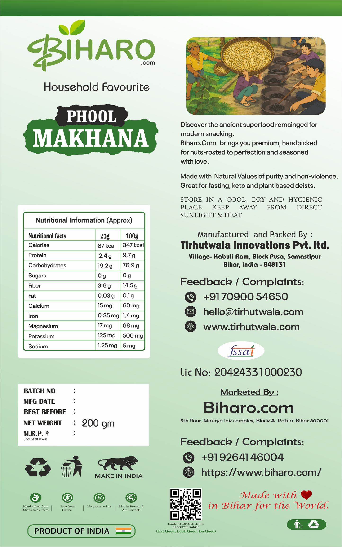 Back label of Biharo 4 Suta Phool Makhana 200g pack showing nutritional information, ingredients, storage instructions, and manufacturer details