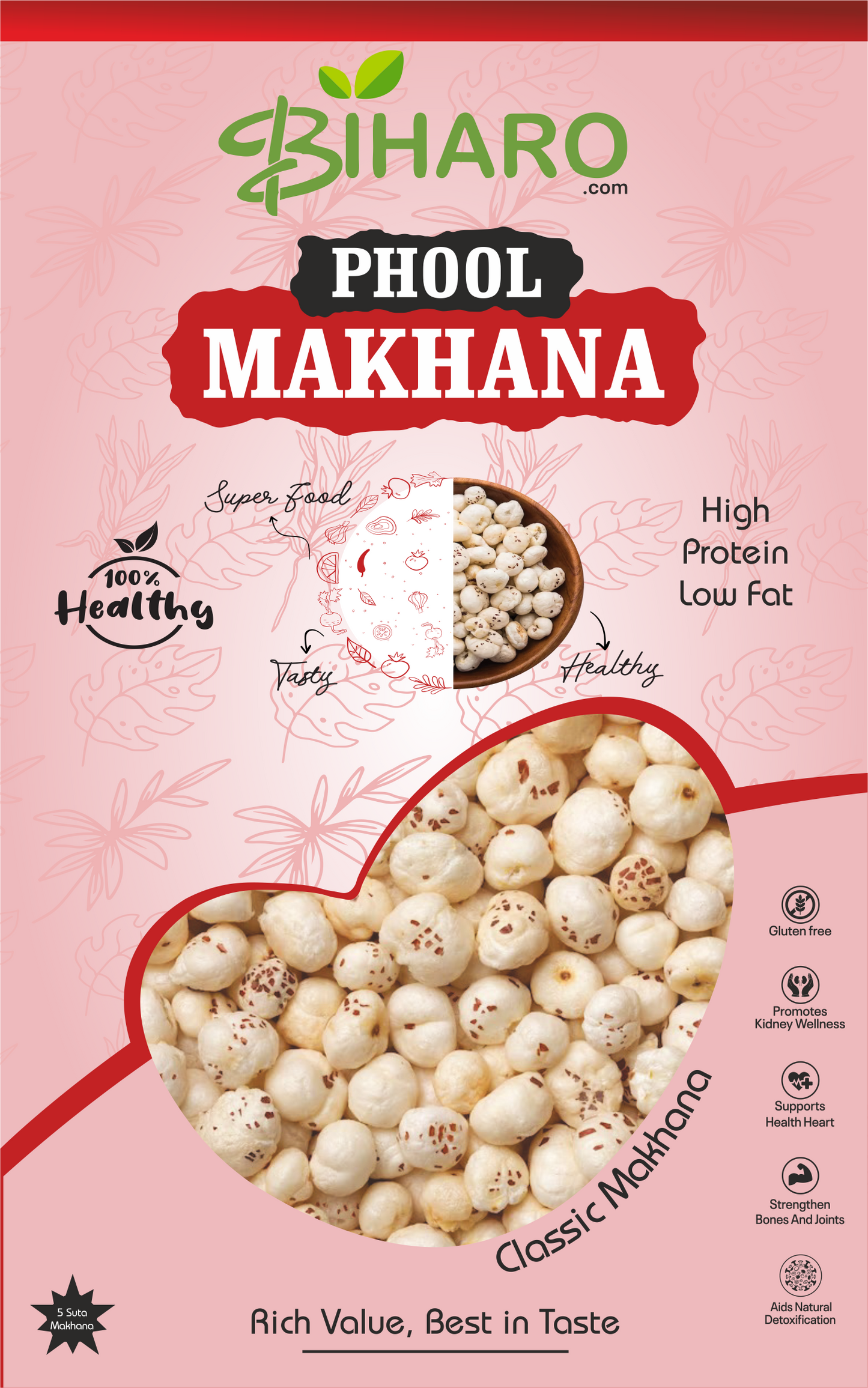 Front view of 5 Suta Phool Makhana (Fox Nuts) pack – premium quality phool makhana from Bihar, healthy gluten-free snack, rich in protein and antioxidants, ideal for weight loss and fasting
