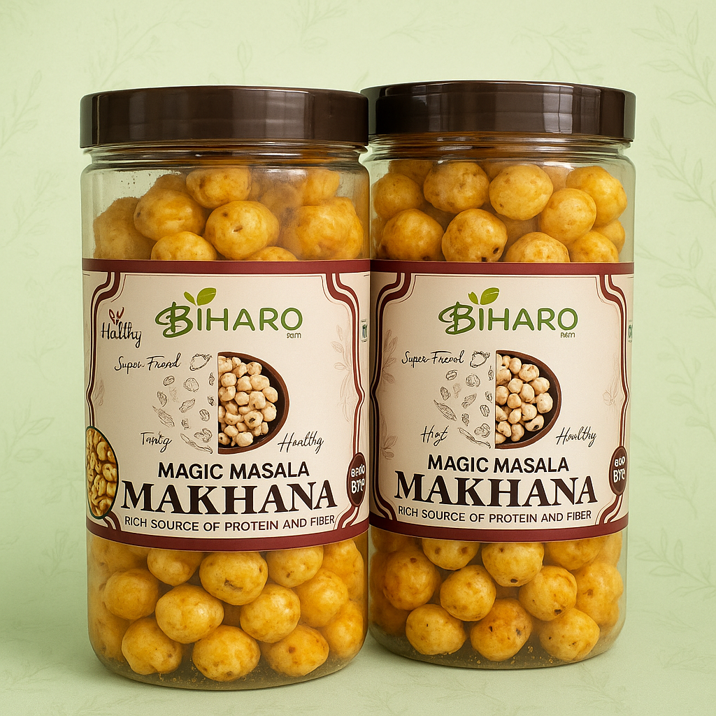 Two jars of Biharo Magic Masala Makhana on a light green background