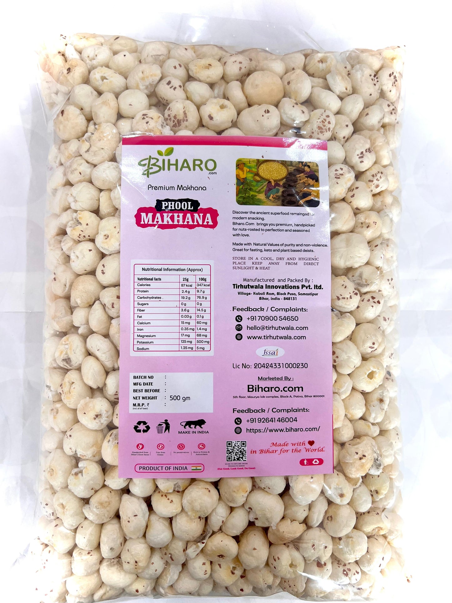 Packaged Phool Makhana with a pink label on a white background
