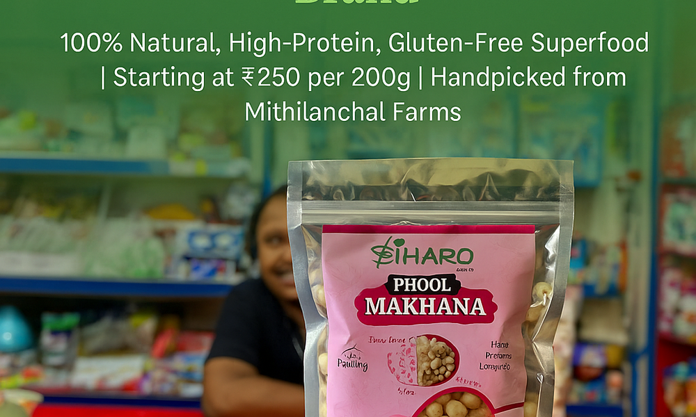 Cover image showcasing Biharo’s Phool Makhana packets arranged on a store shelf, highlighting the premium fox nut packaging in a clean retail setting with a green, healthy living theme.