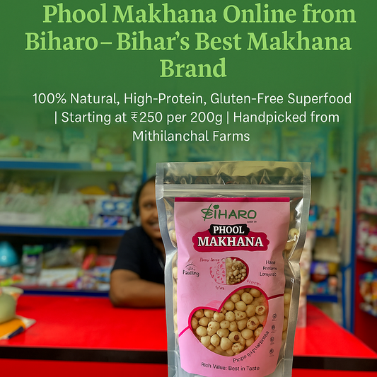 Cover image showcasing Biharo’s Phool Makhana packets arranged on a store shelf, highlighting the premium fox nut packaging in a clean retail setting with a green, healthy living theme.