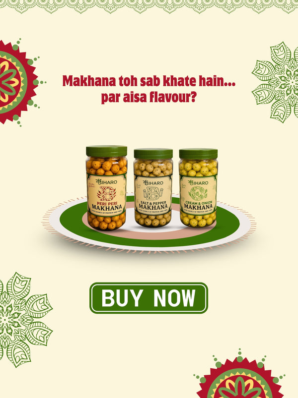 Collection of flavoured roasted makhana jars in various Indian spice blends like pudina, peri peri, cheese, tomato, and jaggery – healthy foxnut snacks