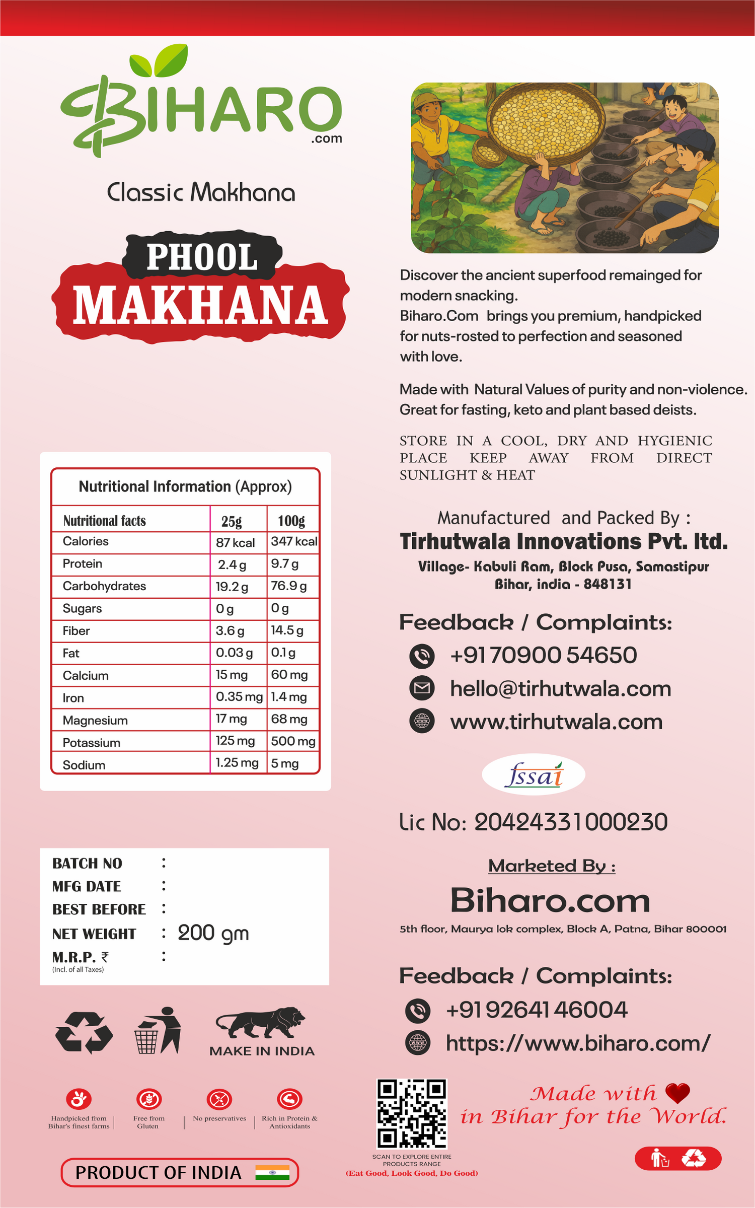 Back label of 5 Suta Phool Makhana 200g pack showing nutritional information, ingredients, storage instructions, FSSAI details, and manufacturer info