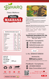 Back label of 5 Suta Phool Makhana 200g pack showing nutritional information, ingredients, storage instructions, FSSAI details, and manufacturer info