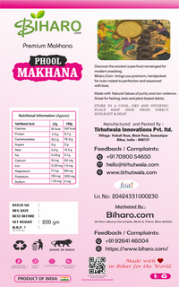 Front label of 6 Suta Phool Makhana pack – premium fox nuts from Bihar, best makhana price, healthy snack, buy phool makhana online, crunchy and protein-rich