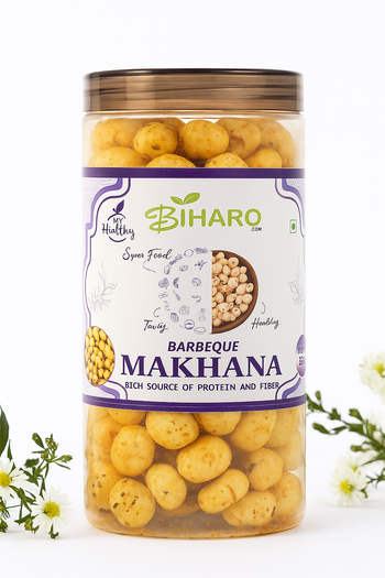 Barbeque-flavored Biharo Makhana in a transparent jar with floral decoration on a clean white background, highlighting its healthy and protein-rich branding.