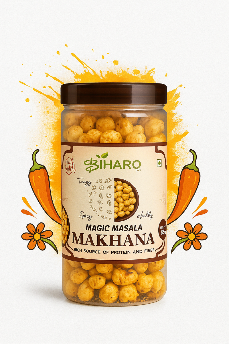 Jar of Biharo Magic Masala Makhana with decorative elements on a white background