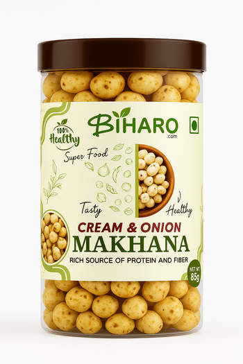 HD product image of a transparent cylindrical jar labeled 'BIHARO Cream & Onion Makhana', filled with seasoned puffed lotus seeds. The label is cream-colored with green and maroon text, highlighting phrases like '100% Healthy', 'Super Food', and 'Rich Source of Protein and Fiber'. The jar has a dark brown lid and sits against a plain white background.