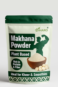 Makhana powder packaging with a green and white design on a light gray background