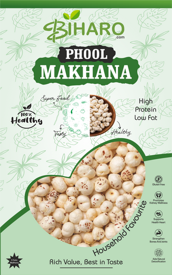Front label of 4 Suta Phool Makhana 200g pack – premium quality fox nuts from Bihar