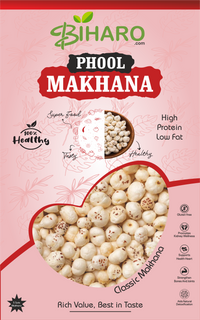Front view of 5 Suta Phool Makhana (Fox Nuts) pack – premium quality phool makhana from Bihar, healthy gluten-free snack, rich in protein and antioxidants, ideal for weight loss and fasting