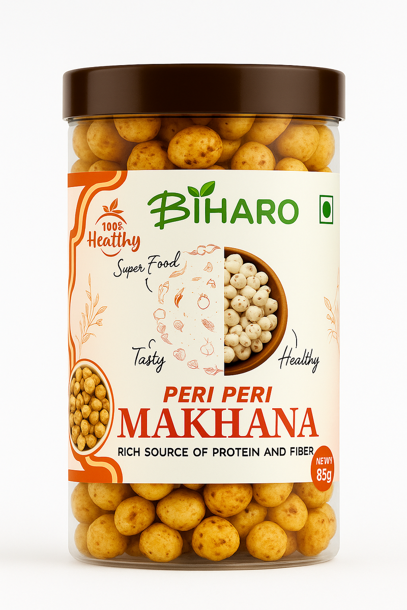 Product image of a clear cylindrical jar labeled 'BIHARO Peri Peri Makhana', filled with roasted and seasoned lotus seeds. The label features an off-white background with vibrant orange accents, bold red 'Peri Peri Makhana' text, and highlights such as '100% Healthy', 'Super Food', and 'Rich Source of Protein and Fiber'. The jar has a brown lid and stands against a clean white background.