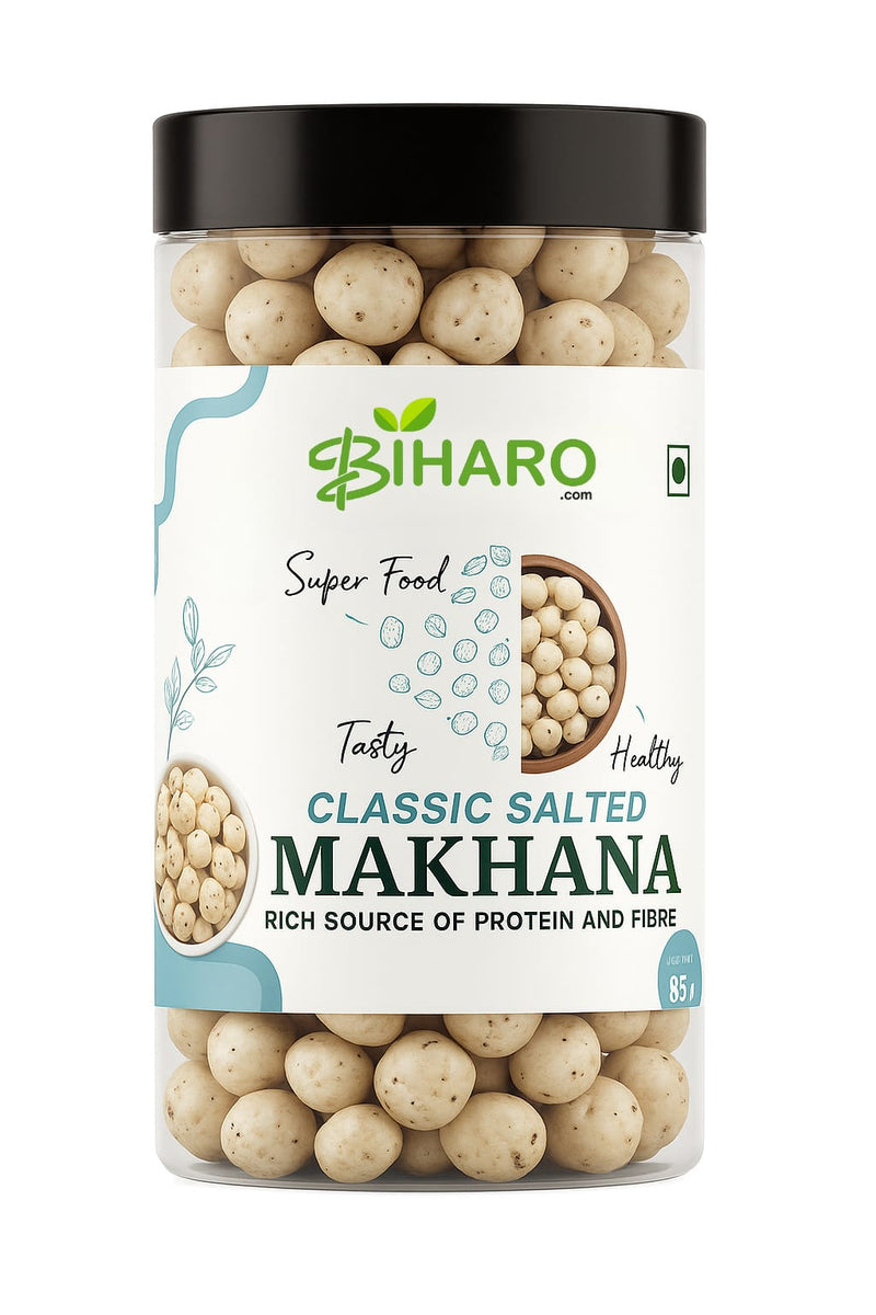 Simply Salted Roasted Makhana in 85g jar – crunchy foxnuts seasoned with Himalayan pink salt and sea salt – gluten-free healthy Indian snack