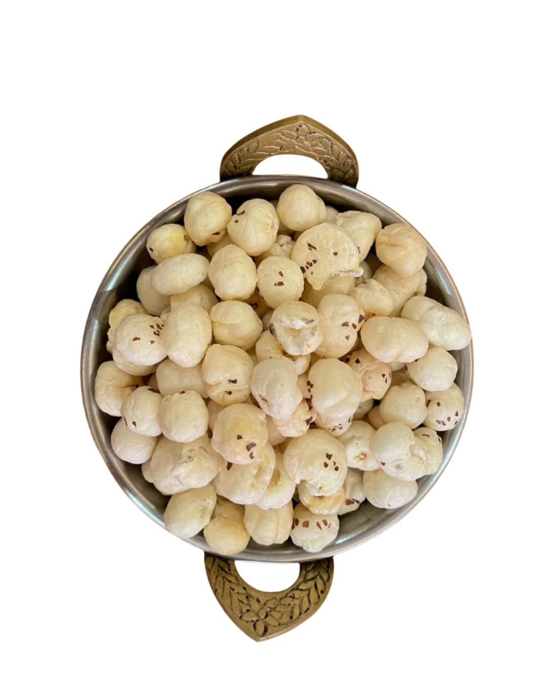 A pan filled with 5 Suta Phool Makhana – large, premium-quality fox nuts showing size and texture, ideal for healthy snacking and weight loss